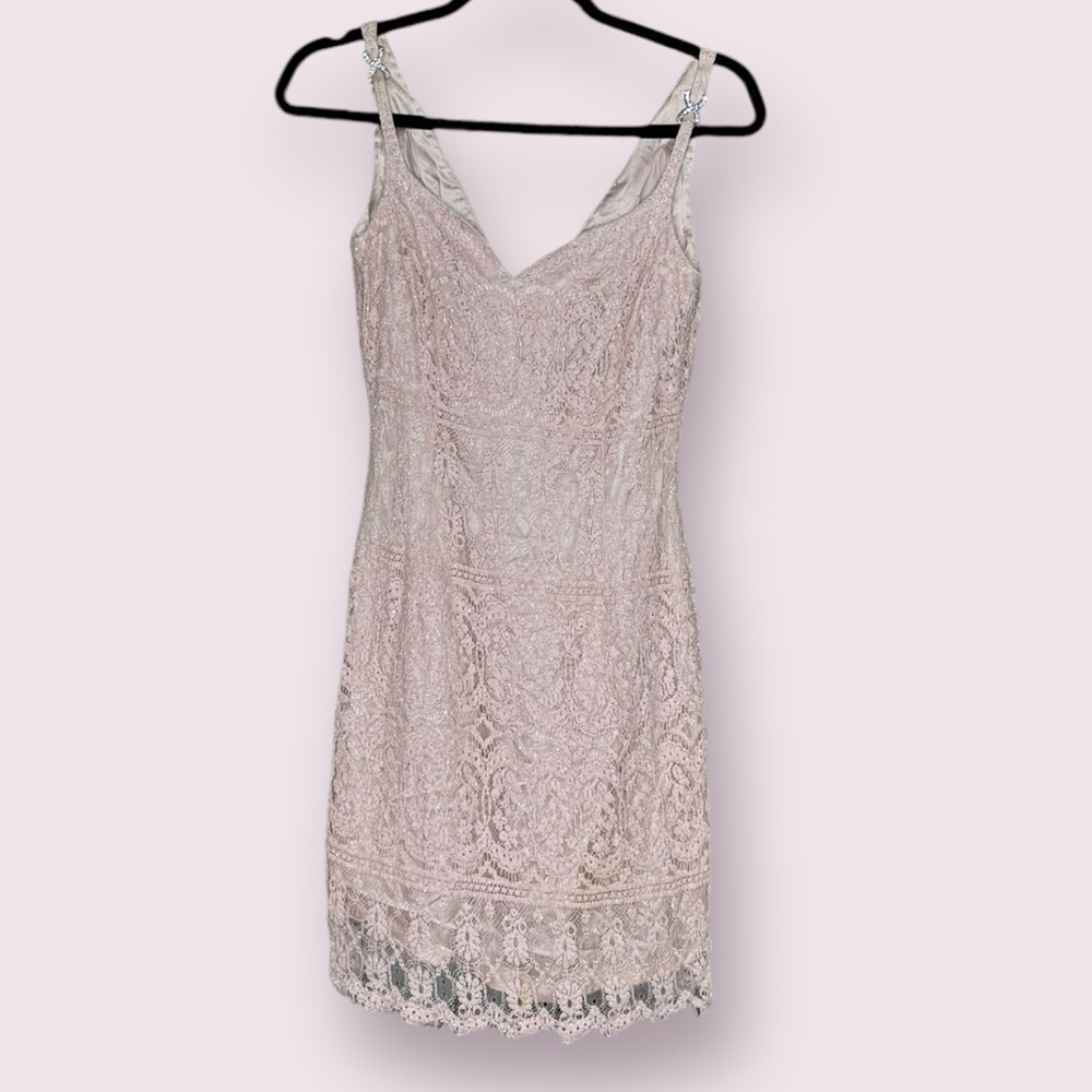 Cache  Dress Size 2 Cream Tan  Beaded Tan Lining Rhinestone Shoulder Tri…
